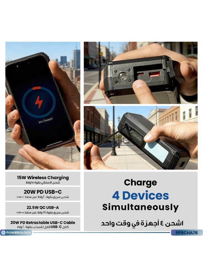 باورولوجي بنك طاقة 20000mAh، كابل USB-C قابل للسحب بقدرة 20W، شاحن محمول يعمل بالطاقة الشمسية، مصباح يدوي مدمج، شحن سريع QC3.0، مقاوم للماء بمعيار IP54، ضوء LED، منافذ USB بقدرة 5V/3A - Image 4